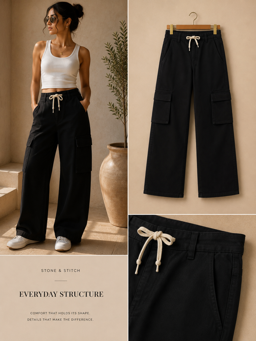 Onyx Black Relaxed Cargo Jeans