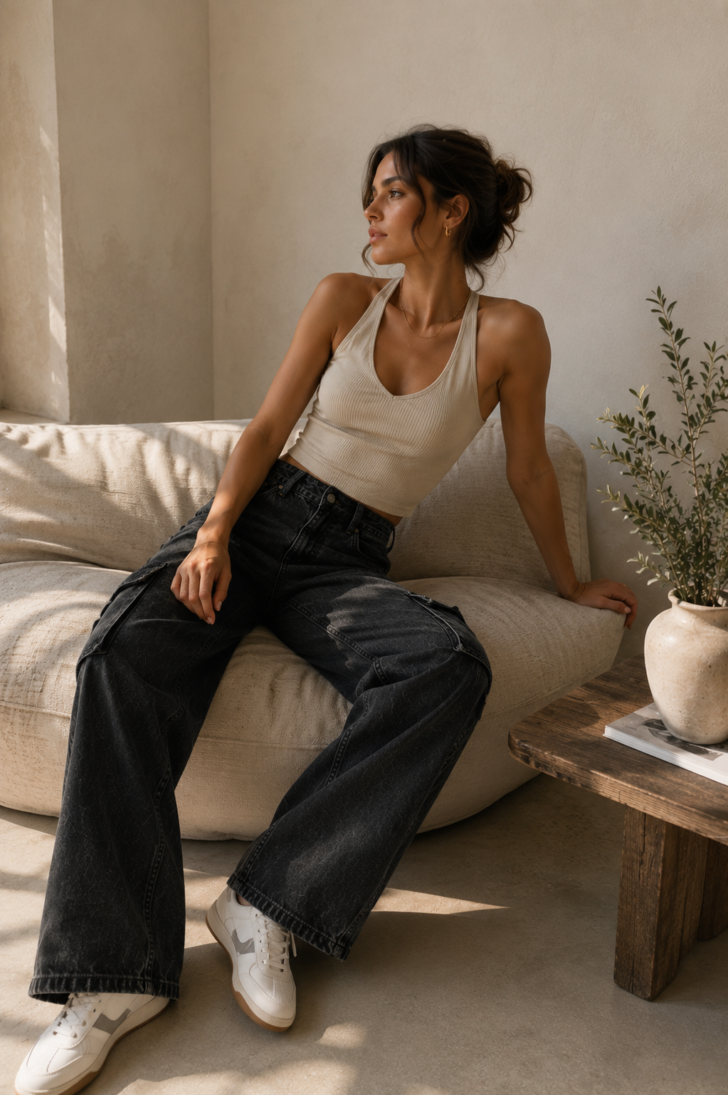 Obsidian Cargo Washed Wide-Leg Jeans