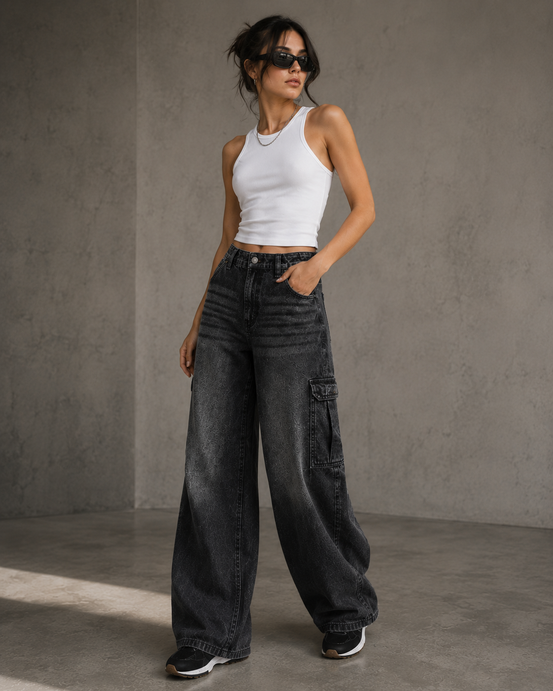 Shadow Cargo Washed Charcoal Wide-Leg Jeans