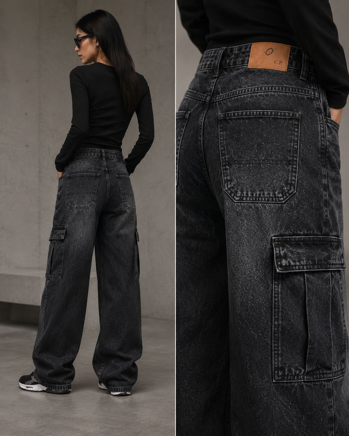 Shadow Cargo Washed Charcoal Wide-Leg Jeans