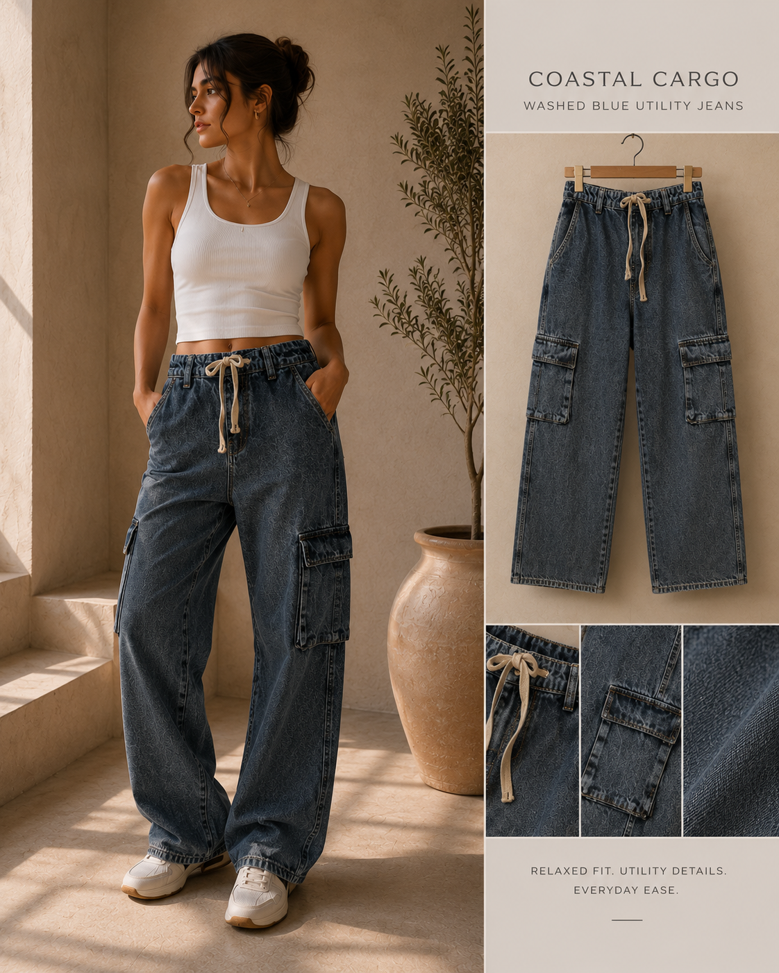 Coastal Cargo Washed Blue Utility Jeans