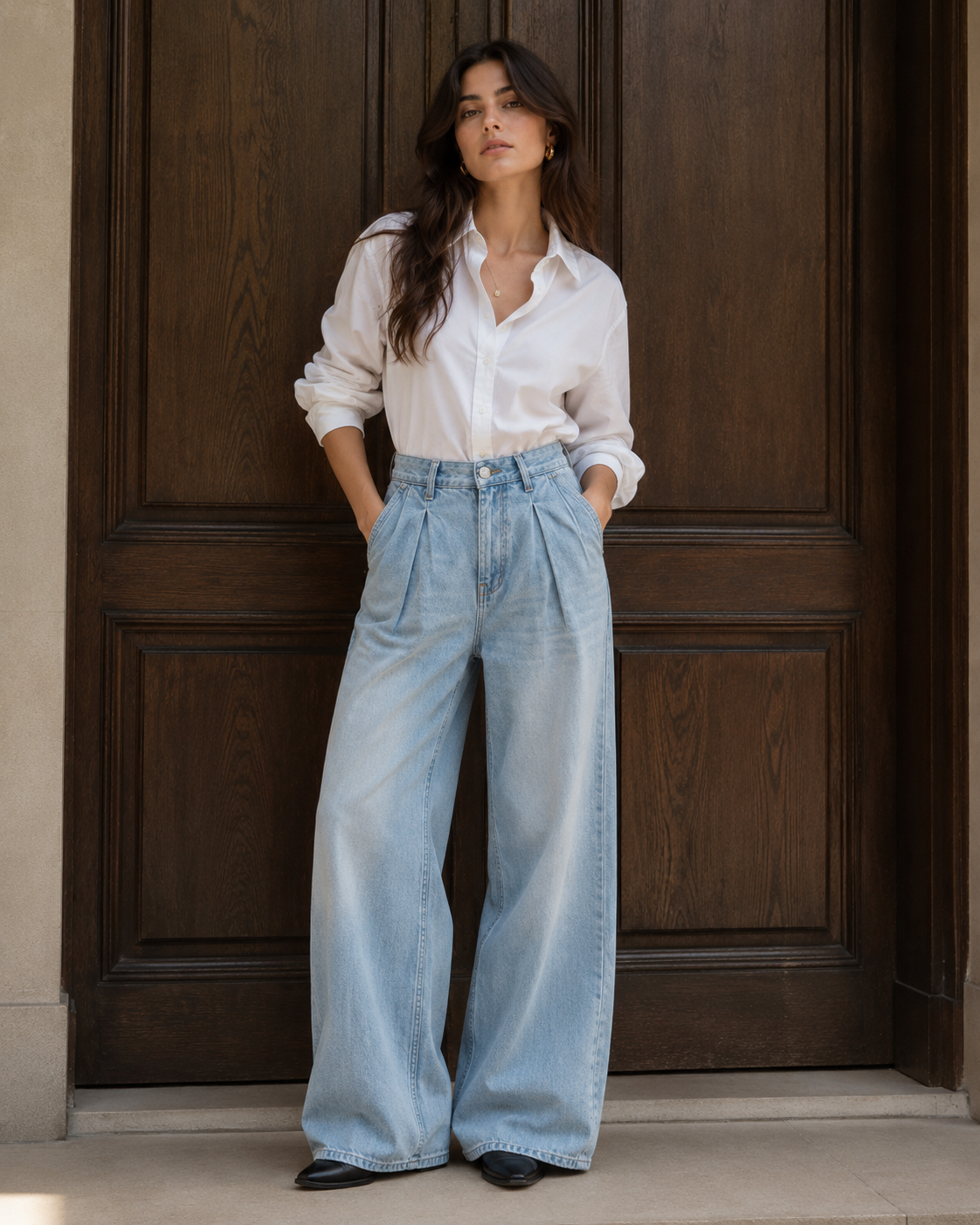 Celeste Flow Frost Blue Pleated Wide-Leg Jeans