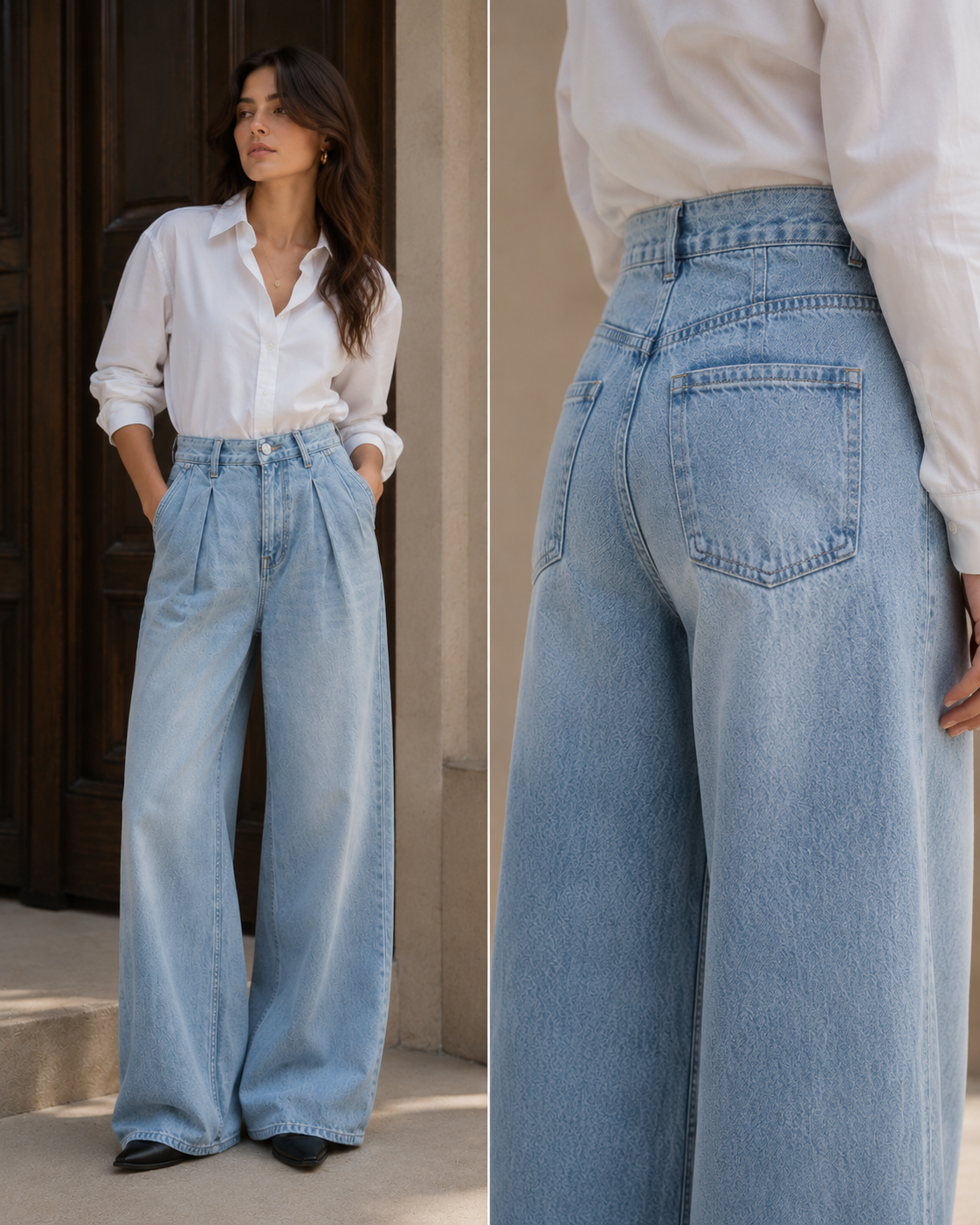 Celeste Flow Frost Blue Pleated Wide-Leg Jeans